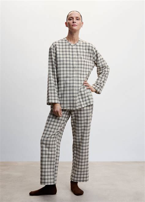 Check Cotton Pyjama Trousers in Husk 